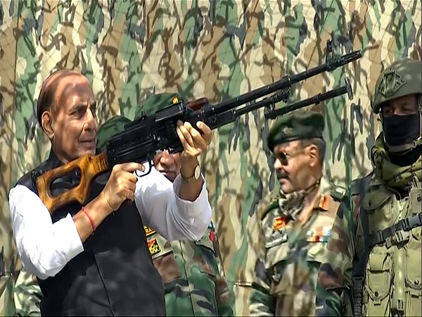 Defence Minister Rajnath Singh inspects a Pika machine gun at Stakna, Leh on July 17. (File Photo/ANI)