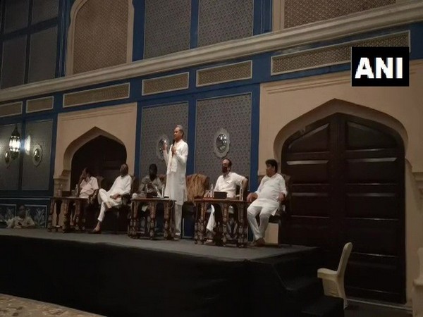 Rajasthan Chief Minister Ashok Gehlot addressing the MLAs supporting him at CLP meeting on Tuesday. (Photo/ANI)