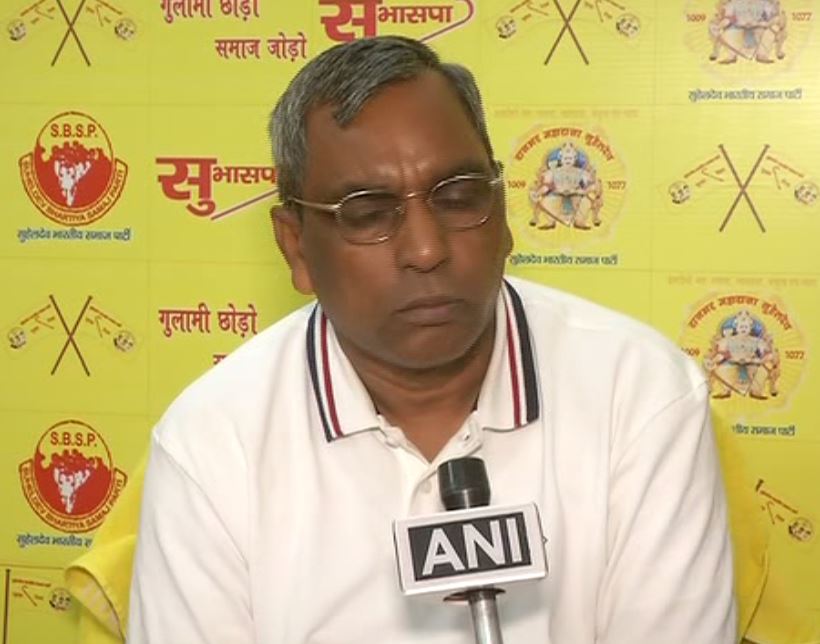 SBSP president Om Prakash Rajbhar talking on ANI in Lucknow on Tuesday. Photo/ANI