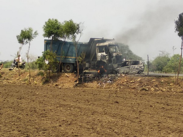 Accident spot where a dumper truck struck a Police Inspector's car (Photo/ANI)