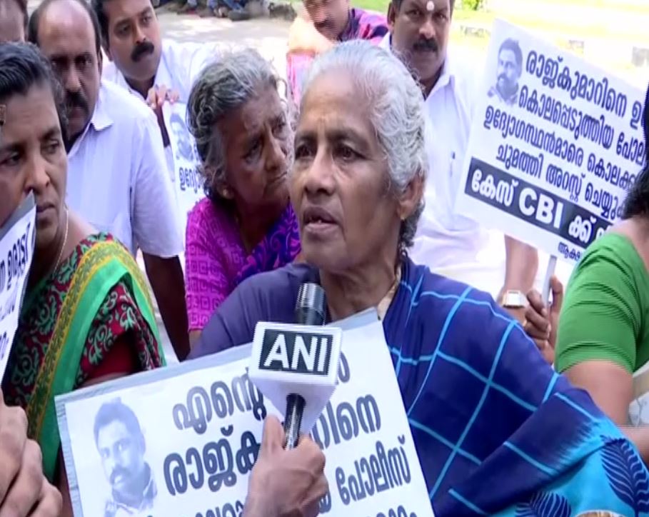Kasthuri, mother of Raj Kumar attends protest in Thiruvananthapuram, Kerala.