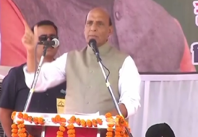 Home Minister Rajnath Singh speaking at an election rally in Mahasamund, Chhattisgarh on Thursday (Photo/ANI)