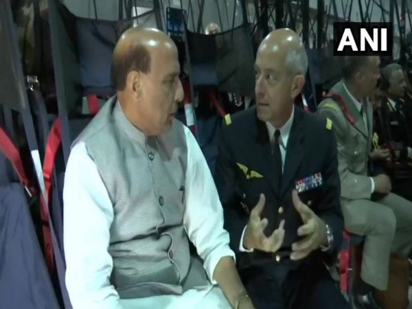Union Defence Minister Rajnath Singh on board a French military aircraft travelling to Mérignac ahead of Rafale jet handover ceremony. (ANI)