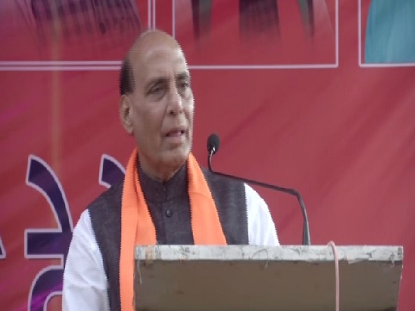 Defence Minister Rajnath Singh speaking at an election rally in Gurugram, Haryana, on Friday. Photo/ANI