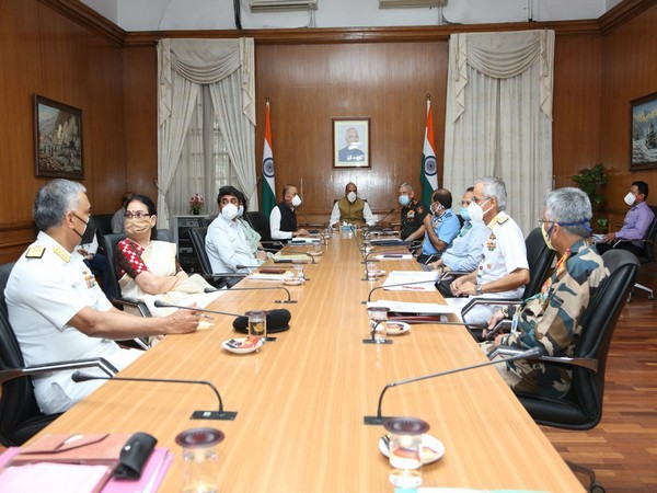 Defence Minister Rajnath Singh reviewing the recommendations of the Sheketkar Committee during a meeting (photo/ANI)