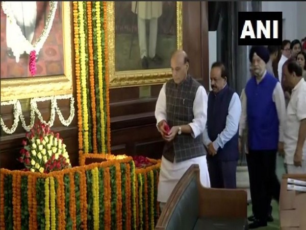 Defence Minister Rajnath Singh paid homage to Dr Syama Prasad Mookerjee on Saturday. Photo/ANI