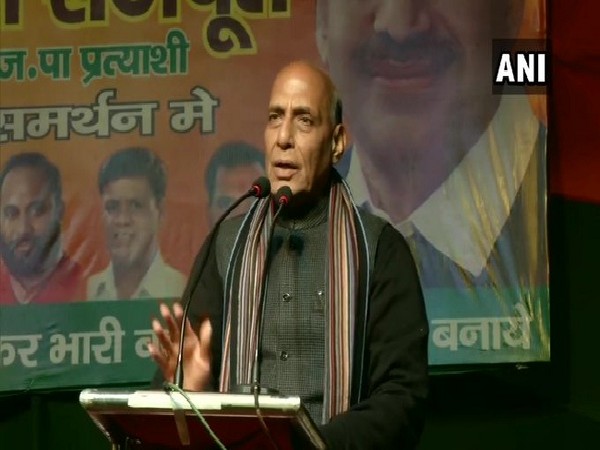Union Minister Rajnath Singh speaking at a public rally in New Delhi on Saturday. 