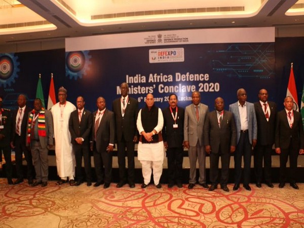 Defence Rajnath Singh with Defence Ministers and heads of delegation from African countries in Lucknow on Thursday. Photo/ANI