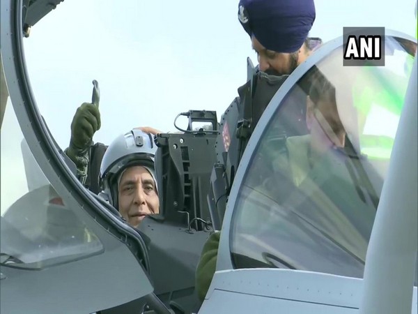 Rajnath Singh takes a sortie on the Rafale fighter jet on Tuesday.