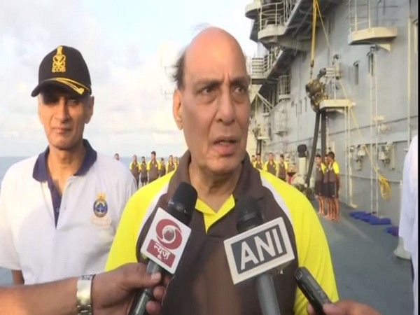 Defence Minister Rajnath Singh onboard INS Vikramaditya on Sunday. Photo/ANI