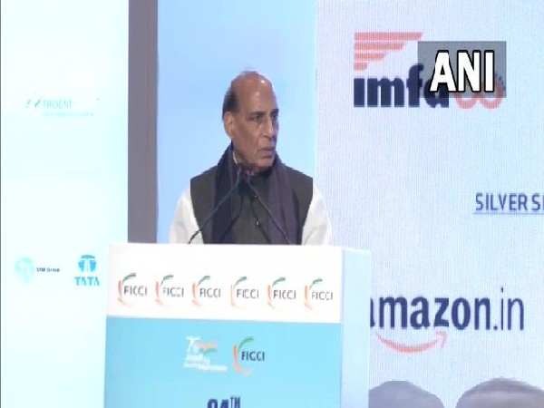 Defence Minister Rajnath Singh addressing FICCI's 94th AGM on Saturday (photo/ANI).