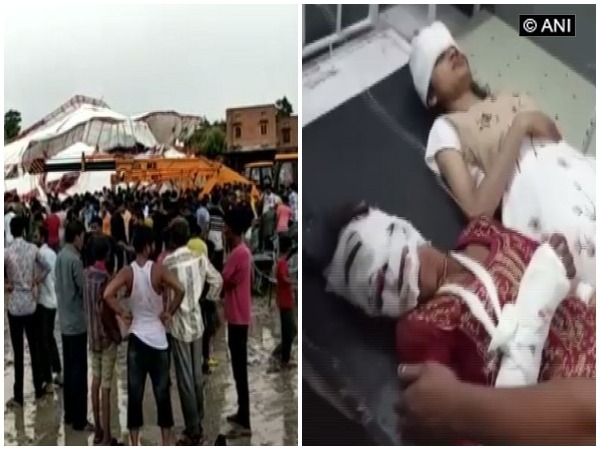 A 'pandaal' (left) collapsed in Barmer district, while the victims (right) of Sawai Madhopur canter incident undergoing treatment in Rajasthan on Sunday. Photo/ANI