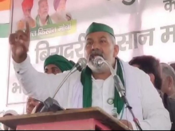 BKU leader Rakesh Tikait addressing Mahapanchayat in Haryana's Karnal on Sunday. (Photo/ANI)