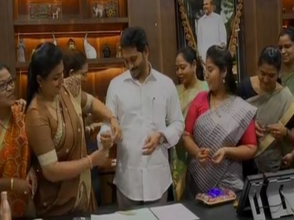    YSRCP women MLAs tied Rakhi to CM Jagan Mohan Reddy in Amaravati on Thursday.