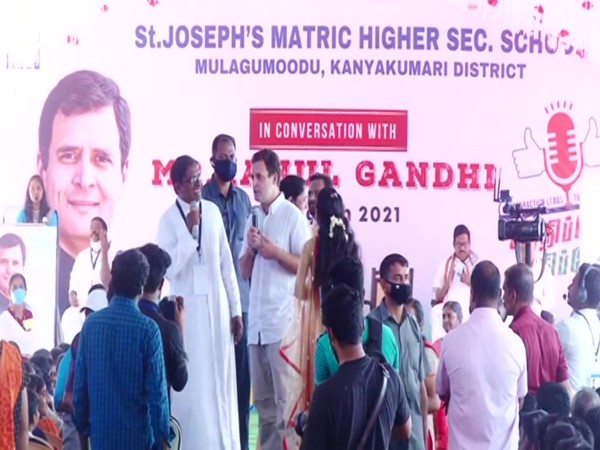Congress leader Rahul Gandhi interacting with school students in Kanyakumari on Monday.