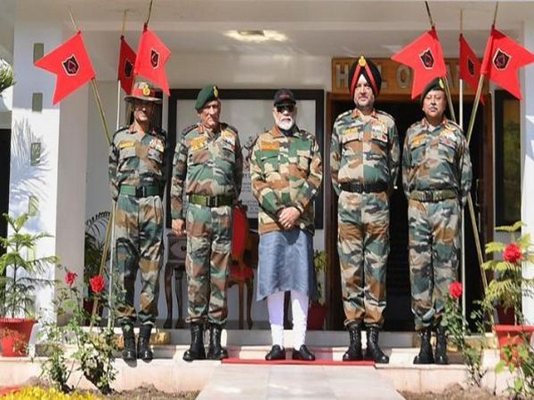 Lt-Gen Ranbir Singh with Prime Minister Narendra Modi and Army Chief Gen Bipin Rawat in Rajouri on Sunday. Photo/ANI