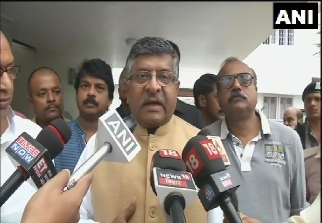 Union Minister Ravi Shankar Prasad speaking to media in Patna, Bihar on Monday. 