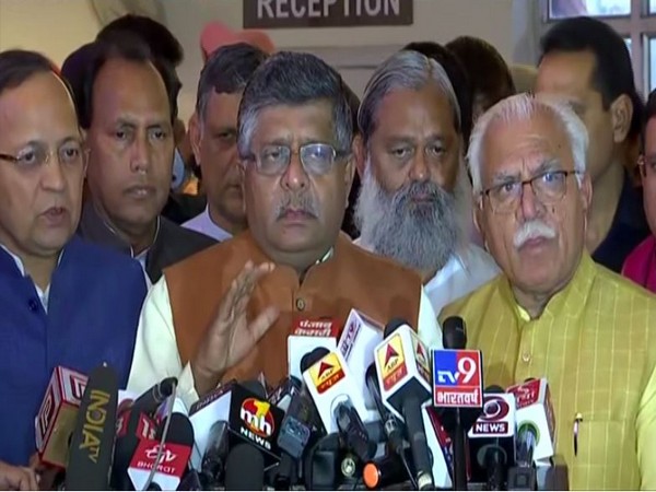 Ravi Shankar Prasad with Manohar Lal Khattar speaks to media in Chandigarh on Saturday [Photo/ANI]