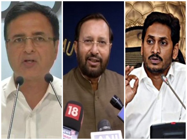 Congress leader Randeep Surjewala (left), Union Minister Prakash Javadekar (middle) and Andhra Pradesh Chief Minister Jaganmohan Reddy (right).