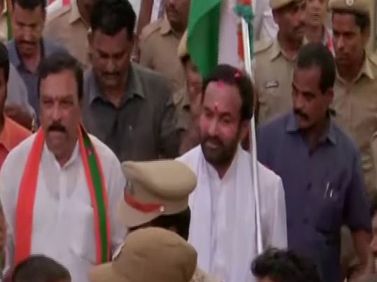 Union Minister of State for Home Affairs G Kishan Reddy during 'padyatra' in Hyderabad in Telangana. Photo/ANI