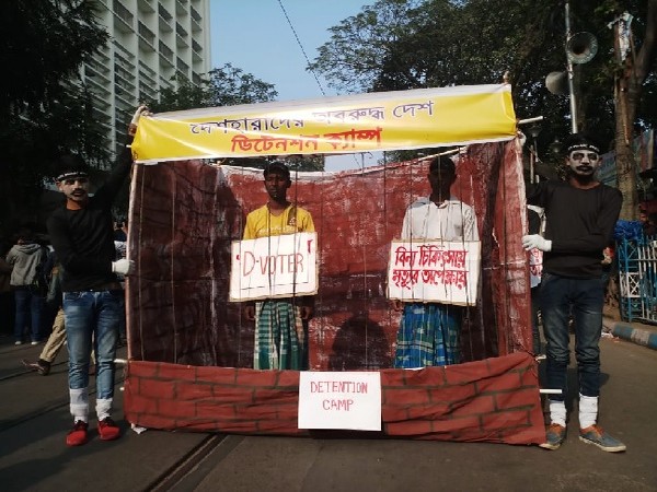 The replica of detention camp made by students during protest against CAA, NRC in Kolkata, West Bengal on Monday. Photo/ANI