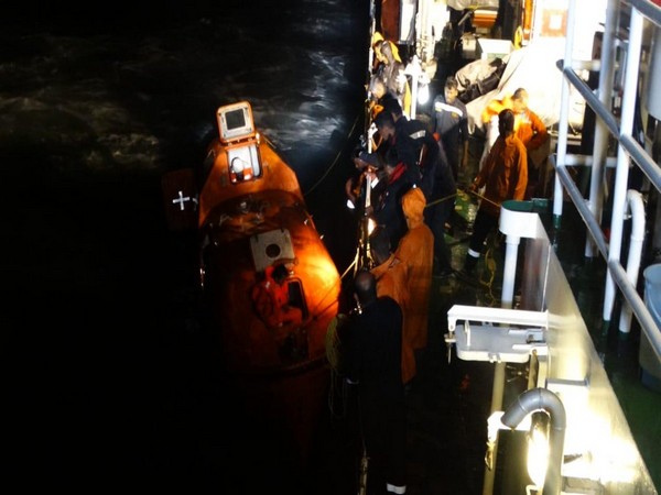 The Indian Coast Guard rescuing 13 crew members of a ship off New Mangalore Port on Monday.