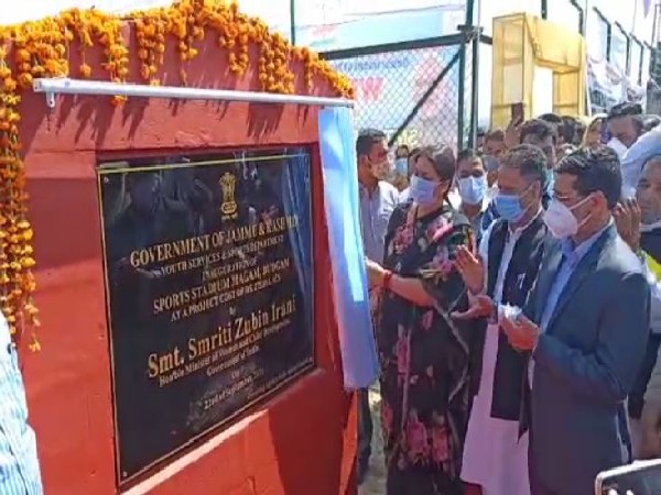 Union Minister Smriti Irani inaugrating a Cricket stadium in Jammu and Kashmir's Budgam district. (Photo/ANI)
