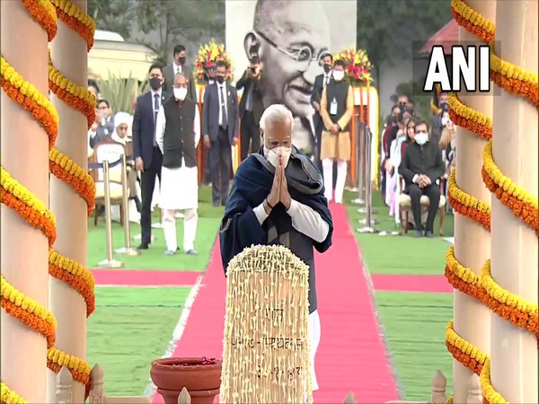 PM Modi pays floral tribute to Mahatma Gandhi on his death anniversary at Gandhi Smriti on Sunday.