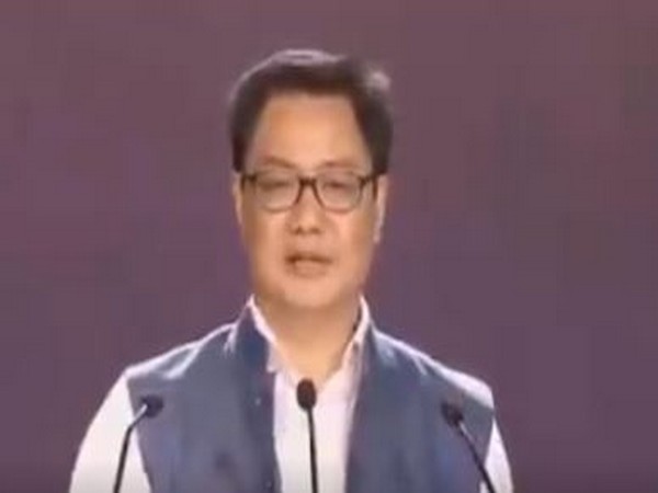 Sports Minister Kiren Rijiju addresses a gathering at Indira Gandhi Stadium on Thursday. [Photo/ANI]