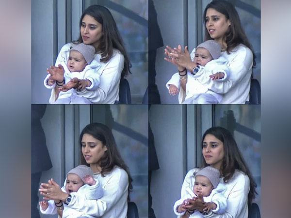 Rohit's wife Ritika, with their daughter Samaira in stands, cheering for India during their match against Sri Lanka