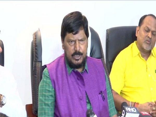 RPI chief Ramdas Athawale speaking to reporters in Mumbai on Thursday. Photo/ANI