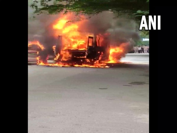 School bus catches fire in Delhi's Rohini. (ANI/photo)