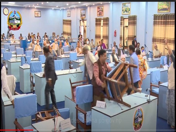 Lawmakers from the opposition Nepali Congress vandalising properties of the state Assembly. Photo/ANI