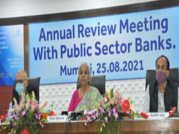Union Finance Minister Nirmala Sitharaman addressing Annual Review Meeting with public sector banks. (Photo/ANI)