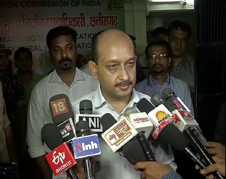 Chhattisgarh Election Commissioner Subrat Sahu speaking to reporters in Raipur on Tuesday.