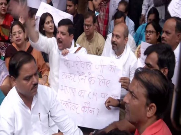 AAP MP Sanjay Singh along with other party leaders in New Delhi. 