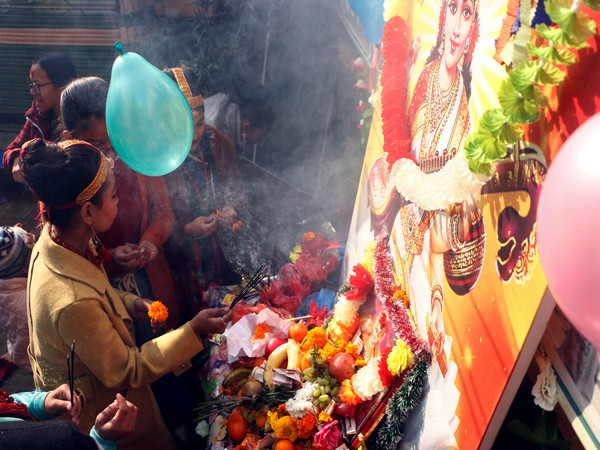 Children in Nepal perform Saraswati Puja on the occasion of Basant Panchami on Thursday