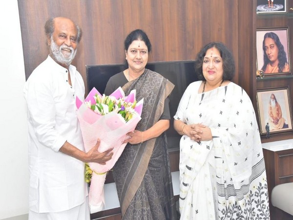 Sasikala (centre) meets Rajinikanth and his wife Latha