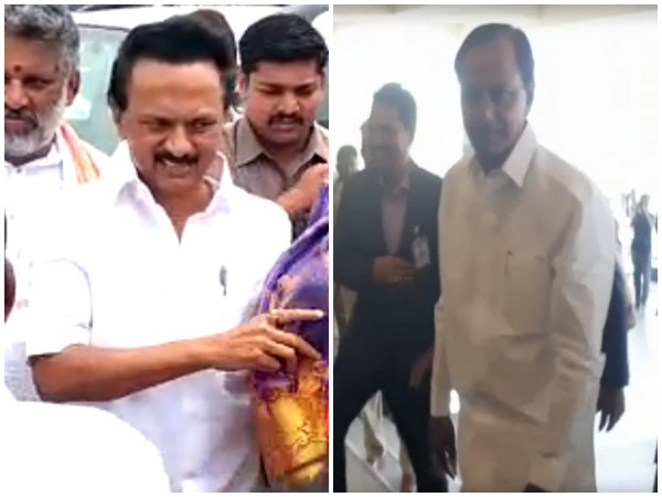 Visuals of DMK chief MK Stalin and Telangana CM K Chandhrashekhar Rao arriving in Vijayawada, Andhra Pradesh.