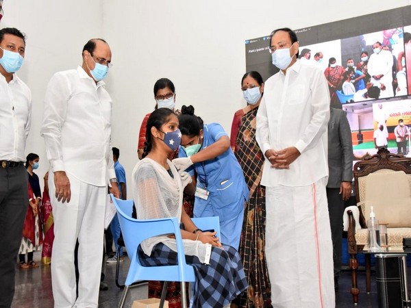 Vice President, M Venkaiah Naidu launched free Covid vaccination drive at Swarna Bharat Trust, Hyderabad today (Photo/ANI)
