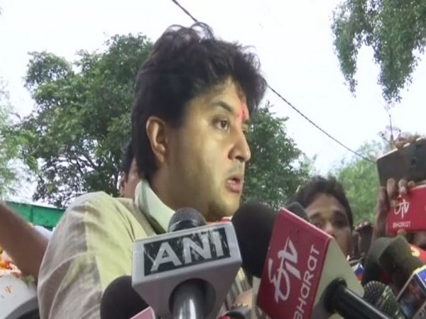 Congress leader Jyotiraditya Scindia speaking to reporteres in Bhopal on Tuesday. Photo/ANI