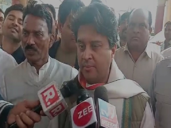 Congress leader Jyotiraditya Scindia speaking to reporters in Bhopal on Monday.