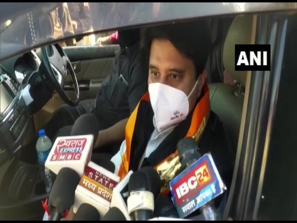 BJP leader Jyotiraditya Scindia speaking to reporters on Monday. [Photo/ANI]