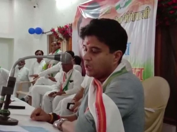 Congress leader Jyotiraditya Scindia speaking at an event in Bhind on Thursday 