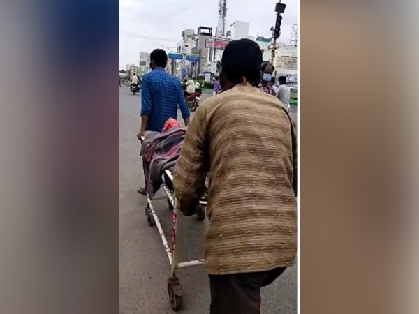 A 65-year-old unconscious patient was seen being taken on a stretcher to a private diagnostic lab in Kurnool (Photo/ANI)