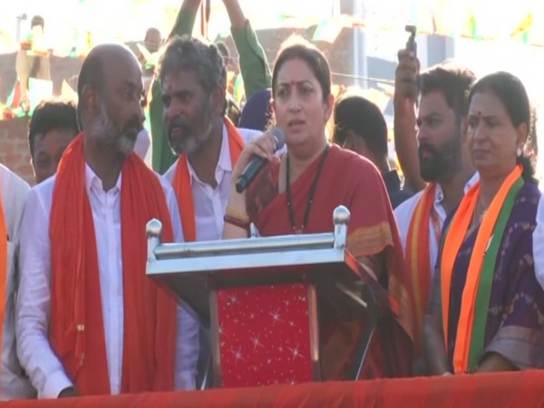 Union Minister for Women and Child Development Smriti Irani at a public gathering in Husnabad (Photo/ANI)
