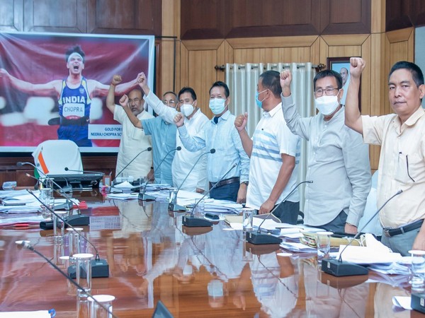 Visual of Manipur Cabinet celebrating the victory of Neeraj Chopra (Photo/ANI)