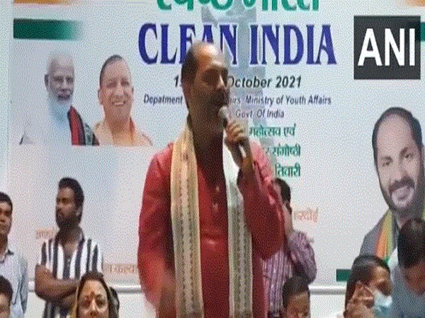 Uttar Pradesh Minister Upendra Tiwari while addressing a gathering in Hardoi on Tuesday (Photo/ANI)