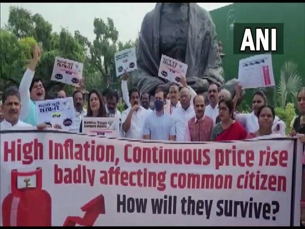 Congress leader Rahul Gandhi joins Opposition protest over the issues of inflation and price rise, at Parliament, on the second day of the Monsoon session (Photo/ANI)