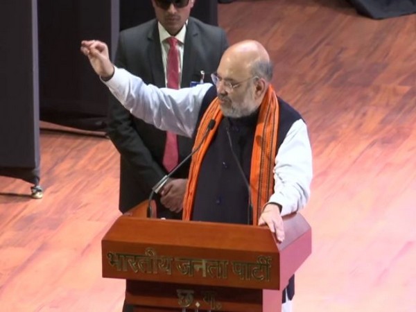 Amit Shah speaking at Karyakarta Sammelan in Raipur on Tuesday.